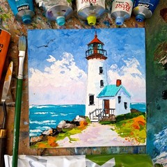 Lighthouse Impasto Original Oil Painting: 3D Textured Art, Unframed 6х6