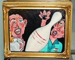 Expressionist Oil Painting Mixed Media Outsider Art BOWLING BALL PINS Framed WOW