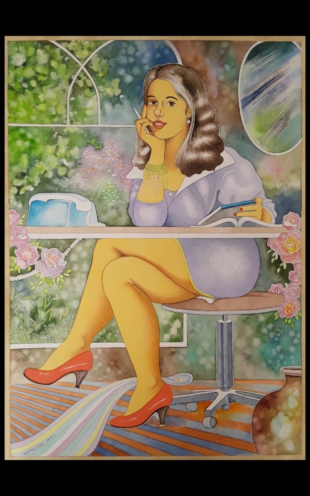 Erotic, Large Watercolour 50 x 70 cm, „The Beautiful Secretary“, LOVELY LISA Art.