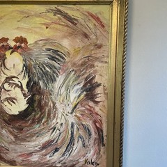 Vintage Kissing/Fighting Roosters Oil On Canvas 60s Spain Framed Art Signed mcm