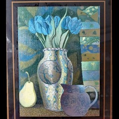 Rare and Elegant Vintage Still Life with Blue Tulips Painting