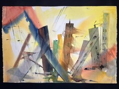 Abstract Cityscape–Charlotte Hoffman–Medium Size Watercolor–Mid 20th NY Artist