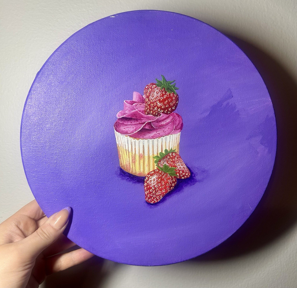 Unframed Hand Painted Strawberry Cupcake Still Life Painting Round Canvas