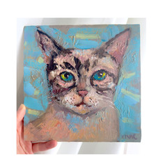 Original 8×8 Oil Painting Impasto Cat Portrait Siamese Kitty signed wall art