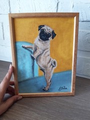 Pug Original Painting Pet Dog Oil Painting Framed 7 by 9 Animal Wall Art.