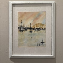 Watercolor Art Framed With Mat Original Signed Sailboats White Frame