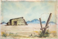 Vintage Naive Folk Art Painting Western Desert Landscape Lucia Lanning 14×20.75″