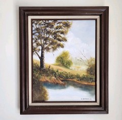 Original D Davidson Oil Painting Landscape Trees Lake Framed 19×23 Vintage Art