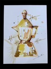 Golden Coffee Pot – Original Ink, Coffee & Watercolor on Canson – 9×12” – Signed