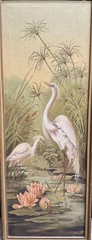 Antique 39×15” Water Lilies Cranes Oil Painting Birds Floral Landscape Lake SGND