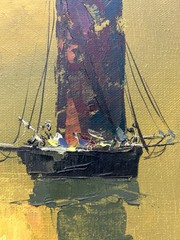 Mid-Century Modern palette knife oil painting Asian Junk Boats 1972 Kim J.L