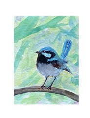 ACEO By Kenna Blue Fairy Wren Bird Gouache Painting 2.5” X 3.5” Signed ATC