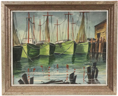 Vintage Harbor Marina Watercolor Painting Boats Dock Framed Coastal Scene
