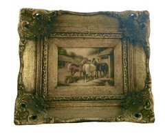 19th Century Horses Oil Painting On Wood With Gilt Frame By Biggs & Sons London