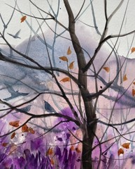 7X10 Original Pamela Wilhelm Watercolor Purple Garden Birds Treetops