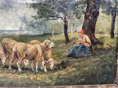 19th Century Barbizon Oil on Canvas – Muttons Shepherd and Sheeps in Countryside