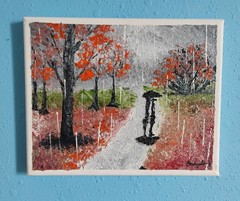 Original Rainy Park Acrylic SIGNED Painting 8×10 Red Black White Tree Couple Art
