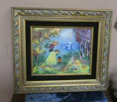 Enamel on Copper Art Painting Mother Daughter by the Lake Signed 8″x10″ Framed