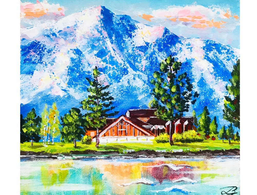 Original Painting Lake Tahoe California Pine Tree Mountain Landscape 7 x 8″