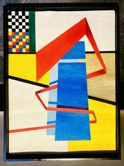 Vintage Mid-Century Geometric Abstract Oil Painting Constructivist Bauhaus Style
