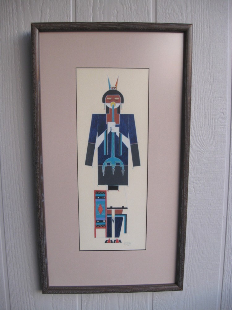 Native American Cochiti Manuel Chavez „OW U TE WA“ Flute Dancer painting 1964