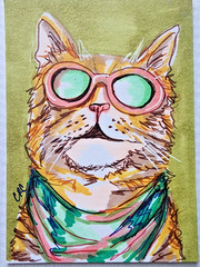 ACEO original POPART KITTY cat miniature painting art card by CRC