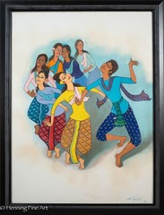 Beautiful Vintage Indonesian Oil Painting Dancing Women Illegibly Signed 1974