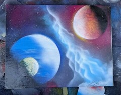 Space Lightning Spray Paint Art 11×14 Inch Canvas, Original Work, Signed.