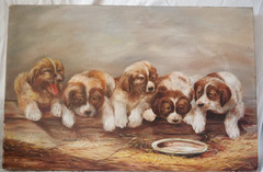 19TH C. 1886 Antique Dog Oil Painting SAINT BERNARD PUPPIES