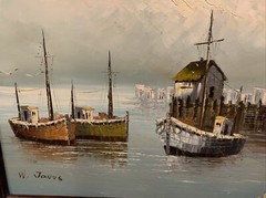 Ships in A Harbor Fishing Boats Original Oil Painting  by W. Jones Signed 24x 36