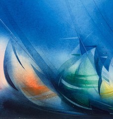 Vintage DONALD STOLTENBERG ‚Spinnaker Stripes‘ Rainbow Fleet Sailboats PAINTING