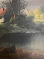 Antique Farm House Landscape Oil Painting on Board Signed Wood Gesso Frame