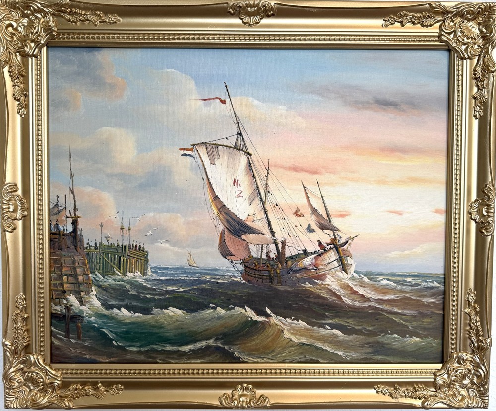 Original Oil Painting Sailing Boat Harbor Storm Seascape Nautical Art Framed