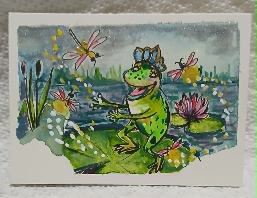 OOAK Frog ACEO Watercolor Whimsy Pearlescent & Ink Pondfolk Collection VCGibson