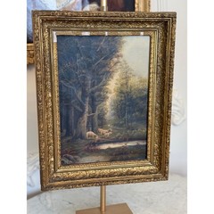 1915 American Pastoral Sheep Landscape Oil Painting by E. A. Olewine
