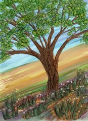 Alcohol Ink, Hillside Fantasy, Tree, Flowers, Original Painting, 5.5×7.5 Signed