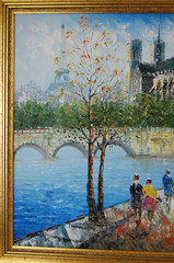 Vtg 80’s Framed Signed Burnett Oil Painting „Paris Cityscape Seine Scene“ 24X20