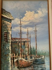 Signed Canvas Painting By J. Martin Featuring Sailboats In A Harbor Docked Pier