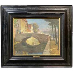 August Lemmer Oil Painting of a Belgian Canal with Bridge, Probably in Bruges