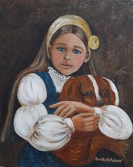 mixed media original vintage Oil painting YOUNG GIRL AND HER DOG 12×9″