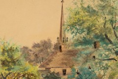Antique New England Watercolor, Churchyard, H. Burroughs, Signed