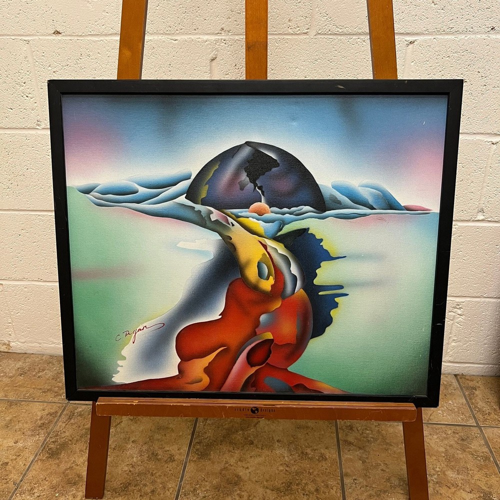 signed C. Ryan, acrylic on canvas, abstract landscape with mountain, framed