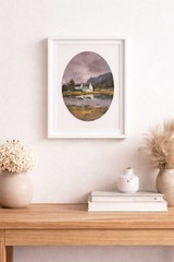 Original Oil Painting Oval Landscape Irish Cottage on the lake Textured Art 6×8