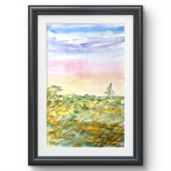Colorful Impressionist Landscape Midwest Sunset Watercolor Home Decor Art 8 x 5