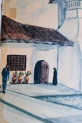 VINTAGE WATERCOLOR ON CARDBOARD 1968 SIGNED SARRIA VILLAGE CHURCH COLONIAL
