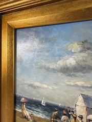 Vintage European Beach Scene Oil Painting on Wood Panel Framed Coastal Artwork