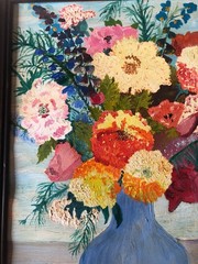 Vintage Hand Painted Acrylic Painting Colorful Flowers In Vase 15×19” Wood Frame