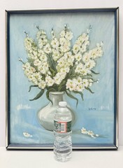 Vintage Original Signed Still Life Flowers in Vase Painting 16×20 Blue Framed