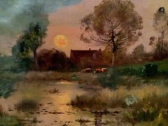 19th FRENCH BARBIZON Duchemin SUNSET LANDSCAPE Signed Rare Vintage Oil on Canvas