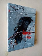 Original Oil Painting Crow Bird Black Raven Art Wildlife Small Canvas 21×15 cm